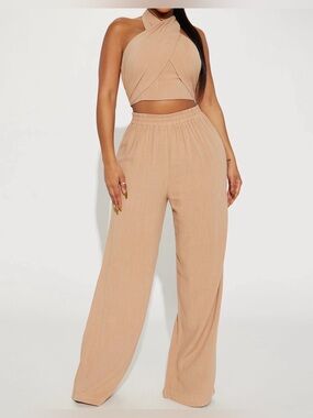Fashion Nova Khaki Wide-Leg High Waist Pants Set